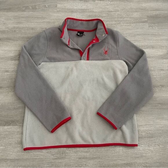 Spyder Mens Snap Button Fleece Pullover Sweater Sweatshirt Steel Grey Red Large - Picture 1 of 6